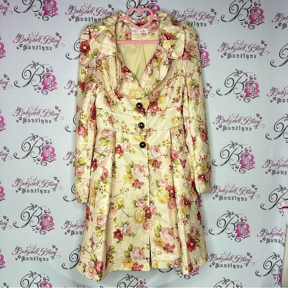 Jackets & Blazers - Floral coat pea coat long flowers peach orange pink light cream shiny shimmer